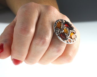 Cognac And Dark Cherry Amber Stones Flower Ring, Multi Baltic Amber Stones Ring, Sterling Silver Amber Gemstone Jewelry Ring, Ring