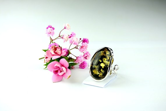 Solid Amber And Sterling Silver Adjustable Ring, Shiny Green Amber Ring, Baltic Amber Jewelry With Glitters,Shiny Amber Ring Gift For Women
