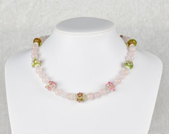 Rose quartz necklace with glass beads, painted with flowers, youthful, girly, delicate, spring-like