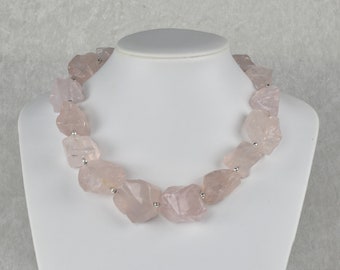 Rose quartz, pink, gemstone necklace, necklace, irregular stones, large, lush