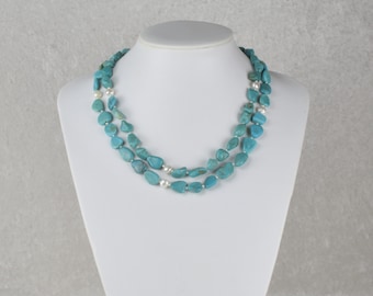 Turquoise-necklace, 2 rangs with cultures pearls