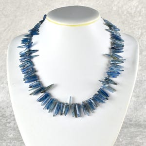 Peut inclure: Un collier en kyanite bleue présenté sur un buste de mannequin blanc. Le collier est composé de nombreux cristaux de kyanite bleus, allongés. Les cristaux varient en taille et en forme, créant une esthétique naturelle unique. Un bijou saisissant.