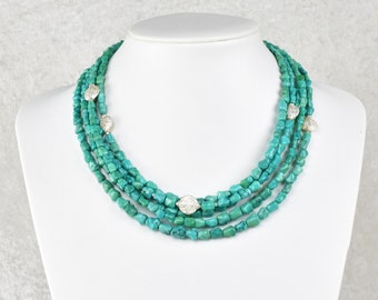 Five-rang turquoise-necklace with silver-plates (decored)
