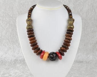 Africa jewelry, necklace, African inspired chain, natural materials, horn, mother of pearl, bamboo coral, African brass parts