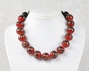 Red/black glass necklace, mixed with silver and onyx