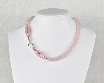 Rose quartz chain, necklace, with integrated glass elements and silver hook lock