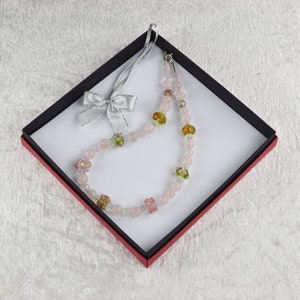 Rose quartz necklace with glass beads, painted with flowers, youthful, girly, delicate, spring-like image 6
