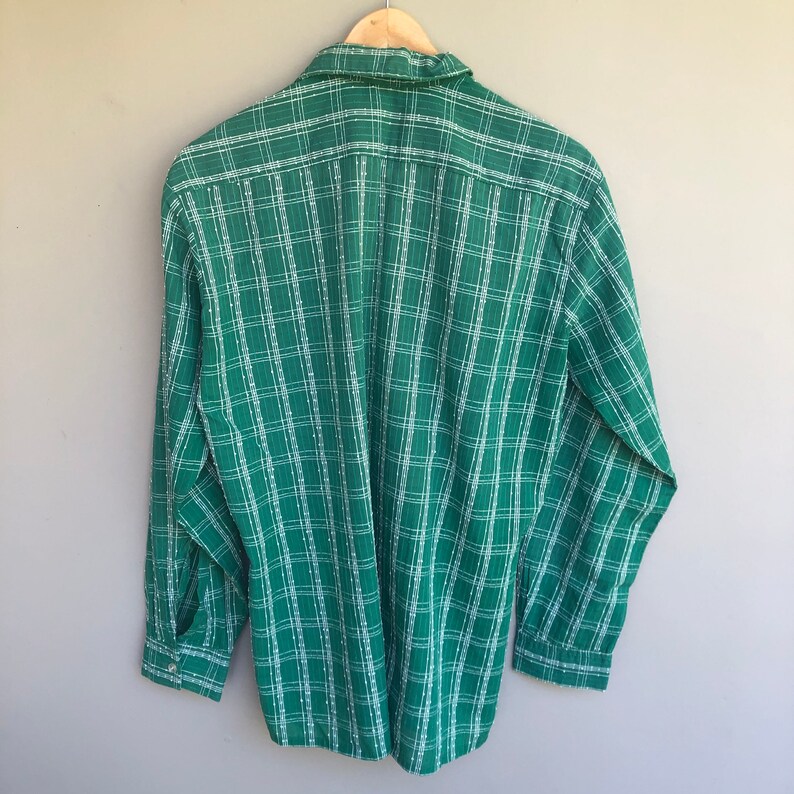Mens Plaid Textured Fabric Green Stripe 70s Vintage Mens Button Down Shirt M