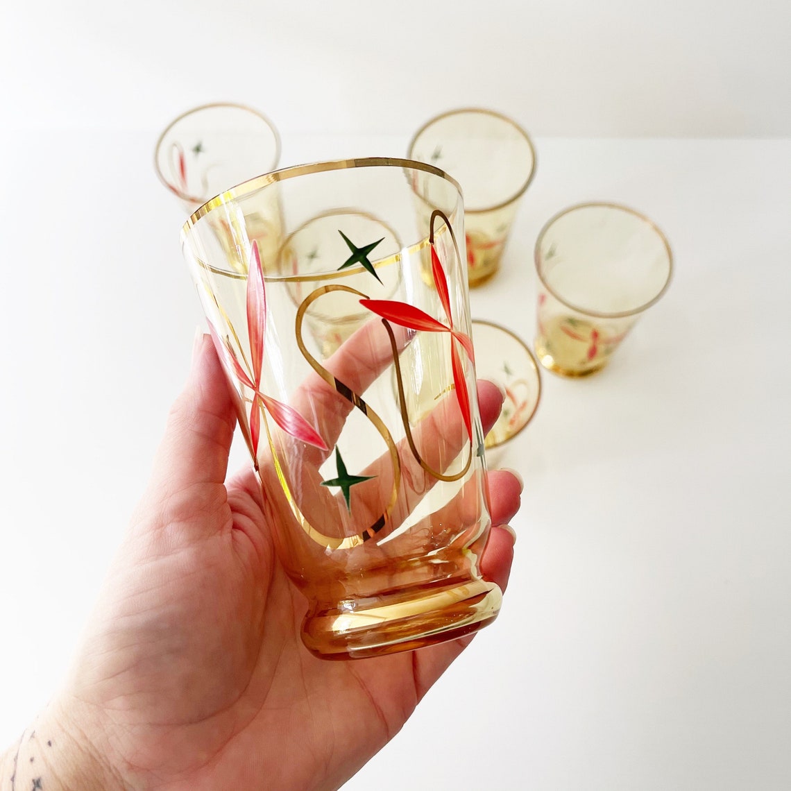 AMBER GLASS Set 6 Drinking Glasses / Gold Trim / Hand Painted Etsy