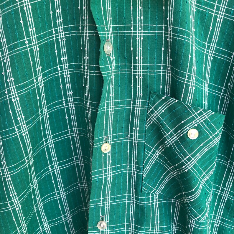 Mens Plaid Textured Fabric Green Stripe 70s Vintage Mens Button Down Shirt M