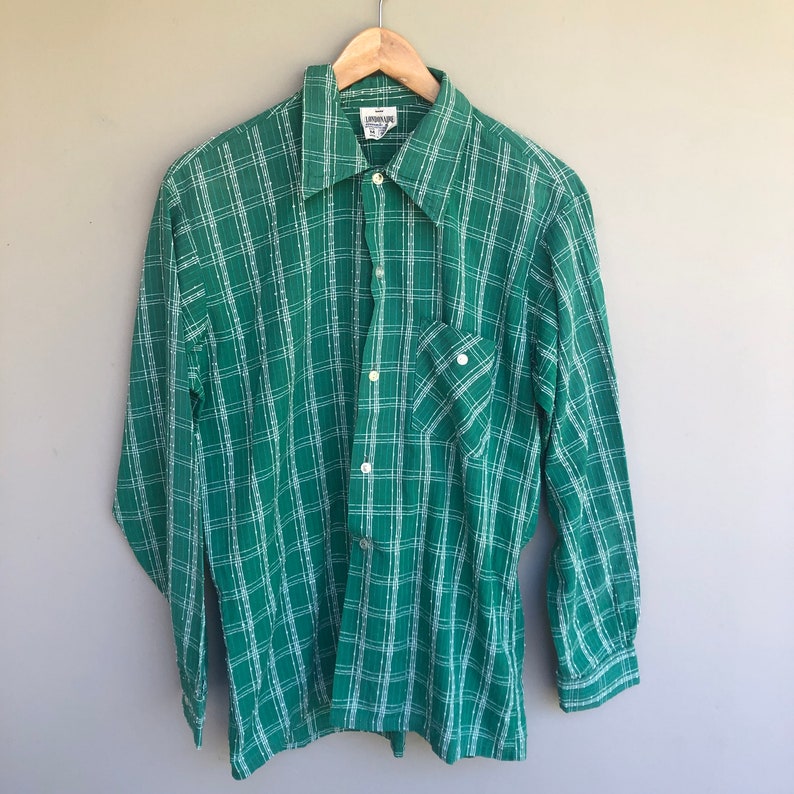 Mens Plaid Textured Fabric Green Stripe 70s Vintage Mens Button Down Shirt M