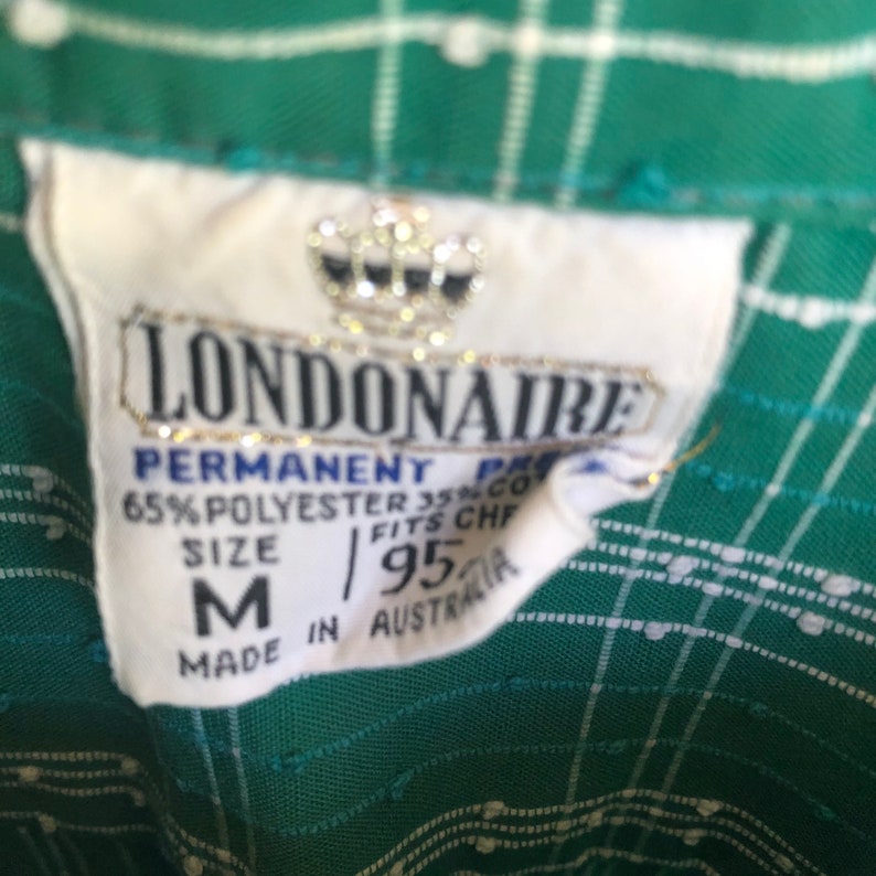 Mens Plaid Textured Fabric Green Stripe 70s Vintage Mens Button Down Shirt M