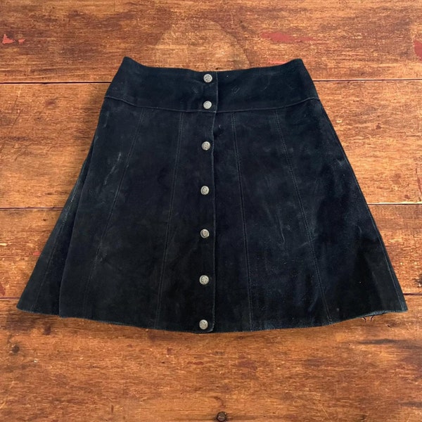 Vintage Black Suede Leather A Line Button Up Skirt / Size 8