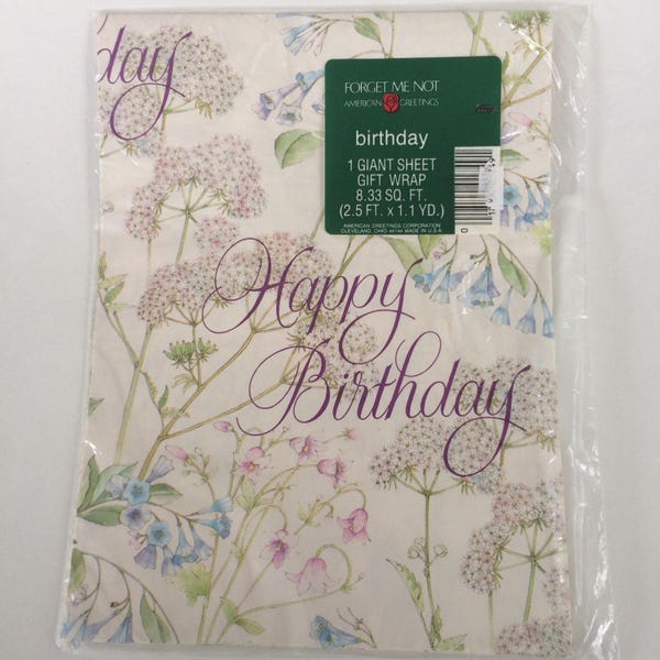 Happy Birthday Wrapping Paper, Gift Wrap, White, Purple, Flowers, Floral, Crafting Supply, Scrapbooking Supply, American Greetings