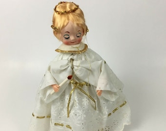 Vintage Jestla Christmas Angel on Wooden Stand, Eyelet Lace, Gold Trim, Halo, Candle, Mid Century Modern, Big Eyes, 1950's, 1960's