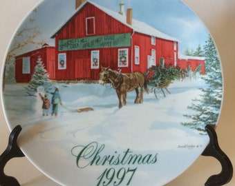 Smuckers 100th Year Anniversary Plate, Christmas 1997 Collector Plate, Barn, Horse and Sleigh, Snowman, Snowy Scene, Vintage, 1990's, Retro