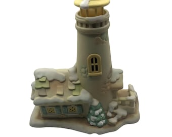 Helen Steiner Rice Collection Windows Of Gold Lighted Ceramic Lighthouse, Snow, Christmas Trees