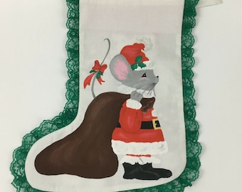 Vintage Patchwork Christmas Stocking, Santa Mouse, Snowman, Christmas Tree, Bow, Poinsetta, Lace, Green, Red, 1990s