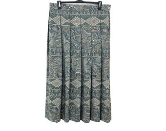 Vintage Womens Midi Skirt Size 16 Factory Faded/Muted Teal Green Paisley Pleated