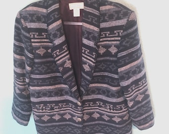 Studio Works Blazer Size M Aztec Print Blue Wool Blend Metal Buttons Vintage