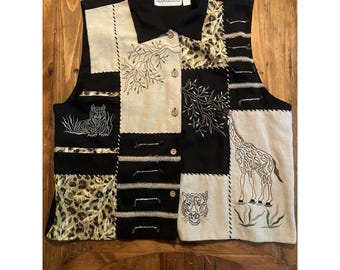 Vintage Dressbarn Patchwork Vest XL Giraffe Tiger Cheetah Tan Black Safari 90's