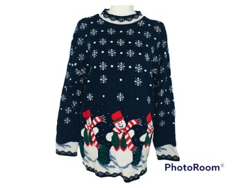 Vintage Nutcracker Women's Ugly Christmas Sweater, Size Medium, Blue & White, Snowman with Red Scarves and Snowflakes, Made in USA,  1990's