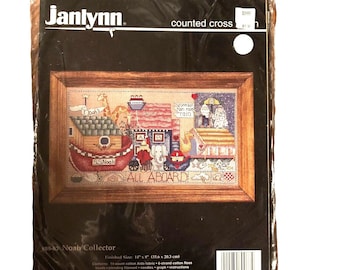 Janlynn Noah Collector Counted Cross Stitch Kit, 14" x 8" Noahs Ark ,All Aboard. Baby Shower Gift, Nursery Decor, Childs Room Decor, Vintage