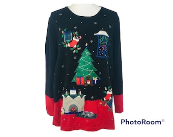 Nutcracker Ugly Embellished Christmas Tree Sweater, Size Large, Embroidered With Presents, Puppy, Fireplace, Stockings, Vintage, 1990's