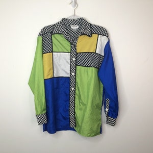 Vintage WILROY SPORT Skjorta med knappar Storlek M Svart Vit Rutig, Grön Blå Vit Färgblock, Flermönster, Streetwear, Rockabilly 1990-tal