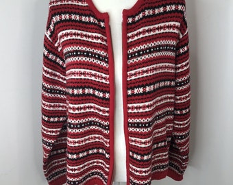 Vintage Jennifer Moore  Womens Full Zip Cardigan Sweater Size Large Red Black White 1990s