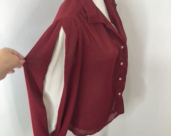 Vintage Burgundy Sheer Button-Up Blouse Size Large Balloon Sleeves *FLAWS*
