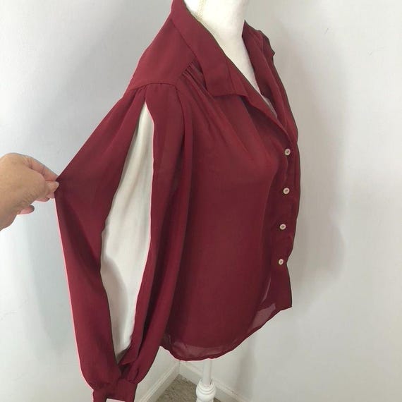 Vintage Burgundy Sheer Button-Up Blouse Size Large Balloon Sleeves *FLAWS*