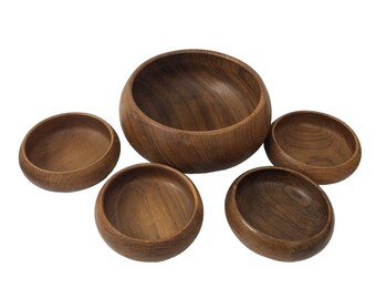 Dolphin Genuine Teakwood Salad Bowl 5 pc Set Wooden Thailand Serve Ware Mid Century Modern 1960's