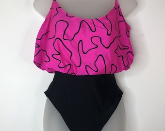 Cole of California Damen Badeanzug Größe 10 Pink Schwarz One Piece Vintage 1980s