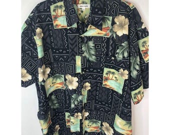 Vintage Pierre Cardin Mens Hawaiian Shirt XL Black Tropical Print 100% Cotton