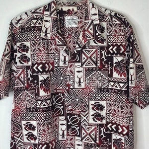 Camicia hawaiana vintage da uomo taglia XL stampa tribale bordeaux realizzata alle Hawaii
