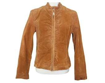 Wilsons Leather Maxima Orange Suede Ruched Jacket, Size Large, Zipper, Button Snap, Y2K