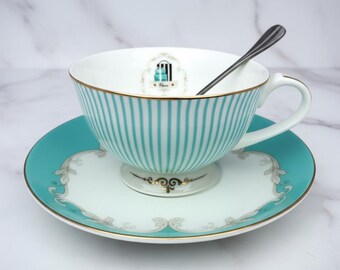 Bone China Light Blue Stripe summer Tea Cup Saucer with Spoon (Ribbon Gift Box)