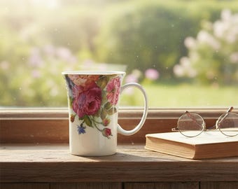Fine Bone China Elegance Summer Red Rose Coffee Tea Mug