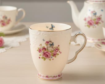 Bone China Elegance Embossed Footed Summer Rose Coffee Tea Mug