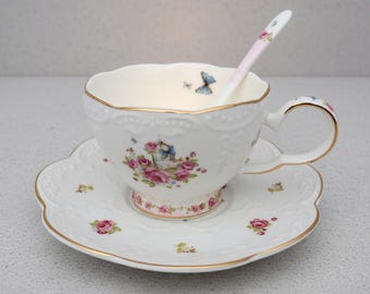 Bone China Elegance Embossed summer Tea Cup Saucer with Spoon