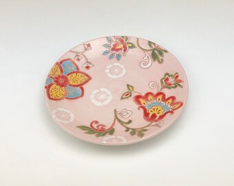 Merry Christmas Decor Porcelain Red Flower and Pink Background Round Plate