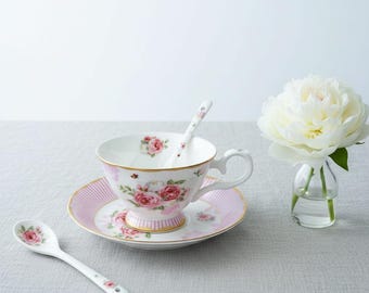 Bone China Elegance Butterfly Floral (Pink Stripe) summer Tea Cup Saucer with Spoon (Ribbon Gift Box)