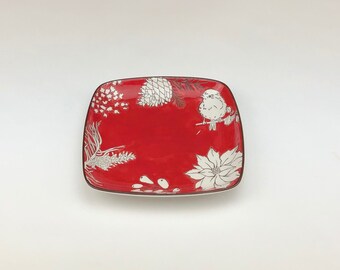 Merry Christmas Decor Porcelain Bird and Pine Cone Red Square Plate