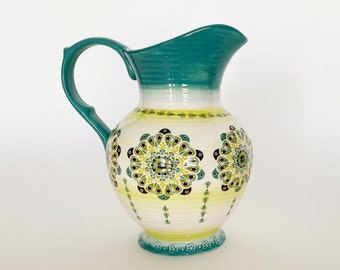 Dutch Wax Tech Blue Floral Hand Painted and Crafted Ceramic Pitcher