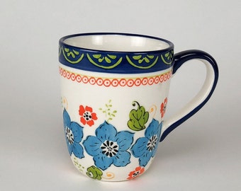 Tech Ceramic Hand Crafted 15 oz. Blue Flower Mug