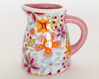 Ceramic Glazed Hand Crafted 15 oz. Colored Floral Pink Jar