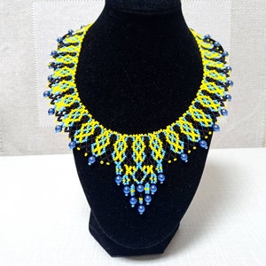 necklace embroidery,embroidery,necklace yellow blue black,Ukrainian style,necklace with ornament,patterned necklace,beads,Made in Ukraine,