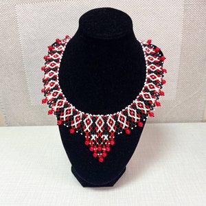 necklace embroidery,embroidery,white red black necklace,Ukrainian style,necklace with ornament,patterned necklace,Ukrainian beads,Ukraine