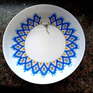 Necklace embroidery,gift.embroidery,necklace white blue gold,Ukrainian style,necklace with ornament,patterned necklace,Ukrainian beads,Bocho